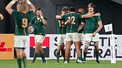 South Africa's Makazole Mapimpi celebrates with team mates scoring their third try