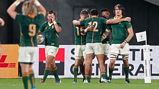 South Africa's Makazole Mapimpi celebrates with team mates scoring their third try
