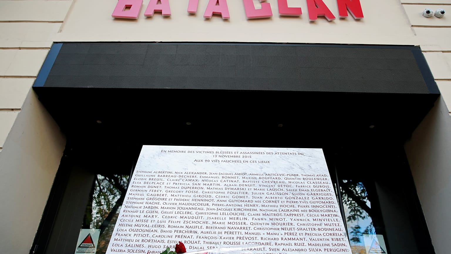 FILE PHOTO A commemorative plaque is seen at the entrance of the Bataclan concert venue after a ceremony marking the third anniversary of the Paris attacks of November 2015