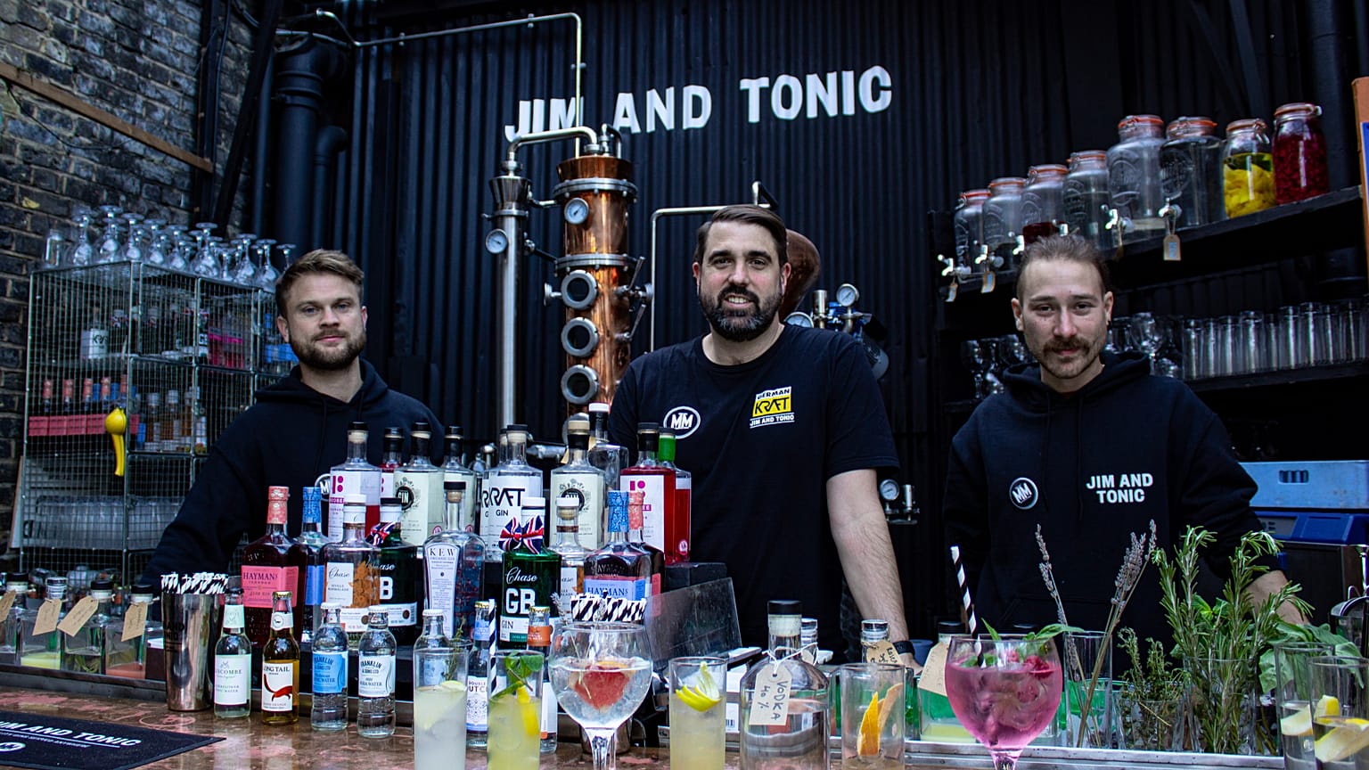 Owners Chris and Jim with mixologist Seb at Jim and Tonic's south London bar