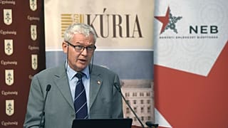 Polt Péter beszédet mond a Törvénysértő perek 1945 után - a kutatás lehetőségei címmel megtartott konferencián Budapesten