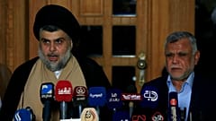 کنفرانس خبری مقتدی صدر و هادی عامری در ژوئن ۲۰۱۸