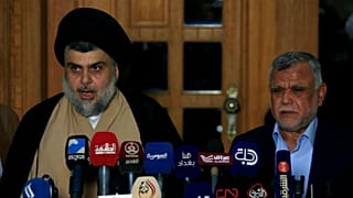 کنفرانس خبری مقتدی صدر و هادی عامری در ژوئن ۲۰۱۸