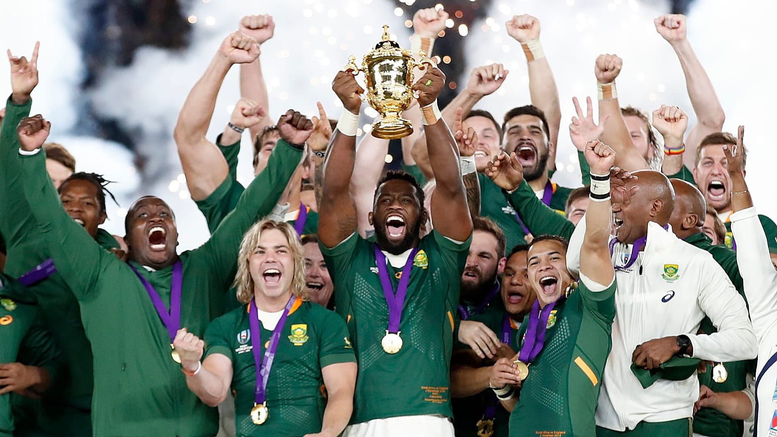 Rugby World Cup - Final - England v South Africa - International Stadium Yokohama, Yokohama, Japan - November 2, 2019 South Africa's Siya Kolisi celebrates with 