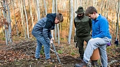 Diákok fát ültetnek az Ipoly Erdő Zrt. területén, a Nógrád megyei Diósjenő közelében 2017. november 6-án