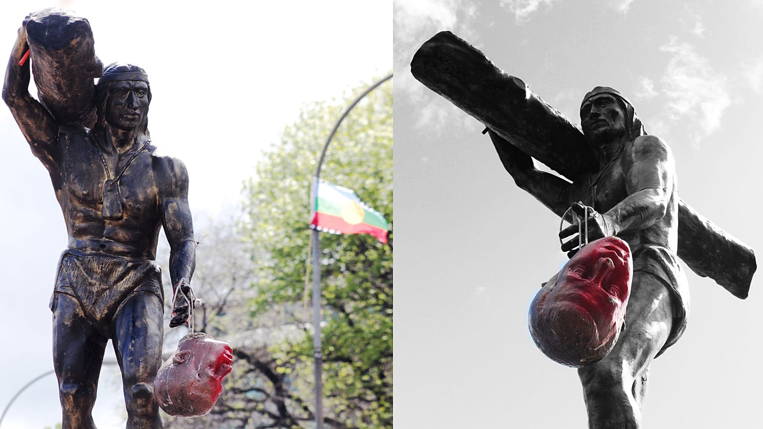La imagen del líder mapuche Cupolicán con la cabeza de Dagoberto Godoy, un icono de las protestas