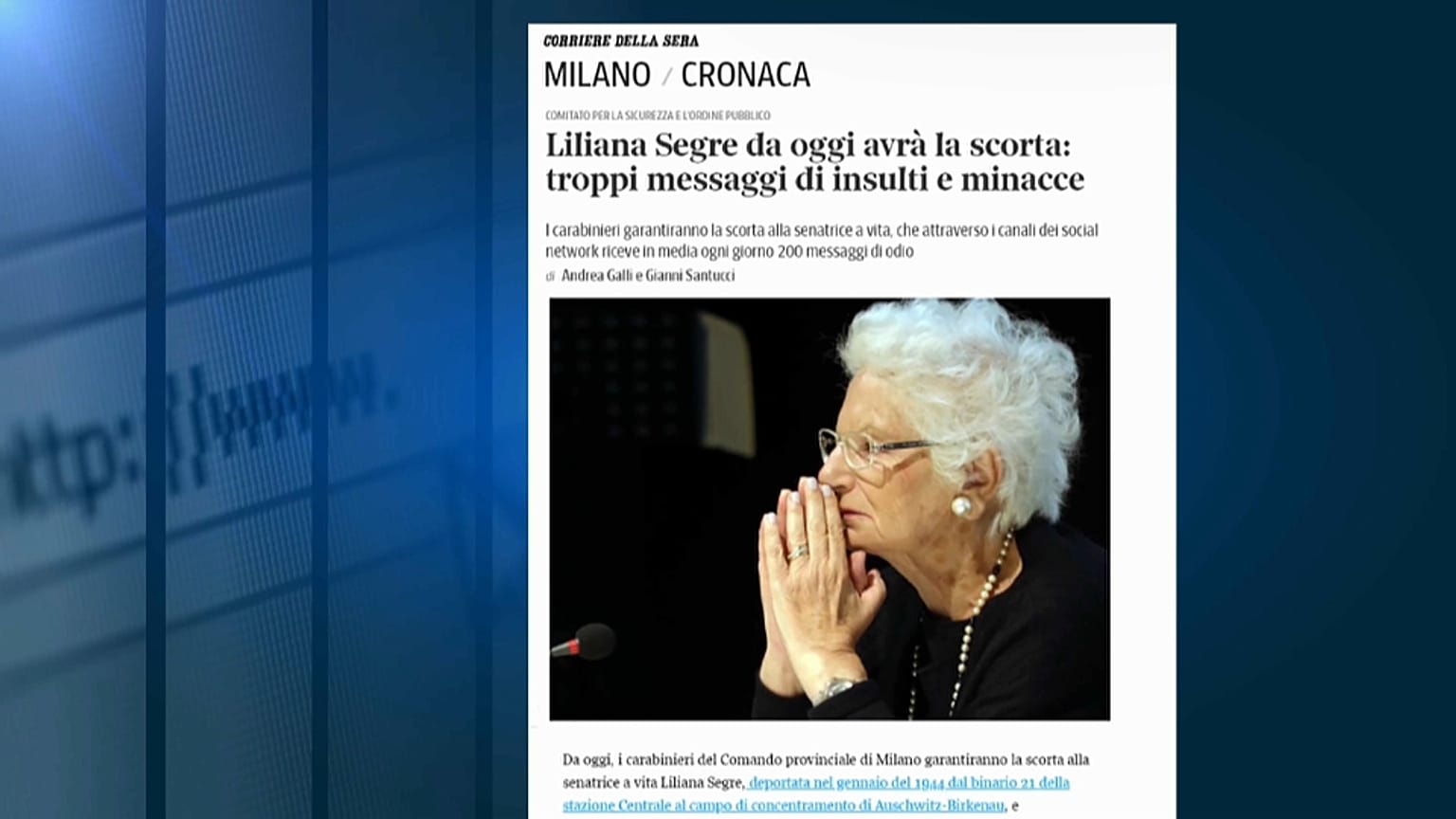 Protection à vie pour la rescapée de la Shoah Liliana Segre