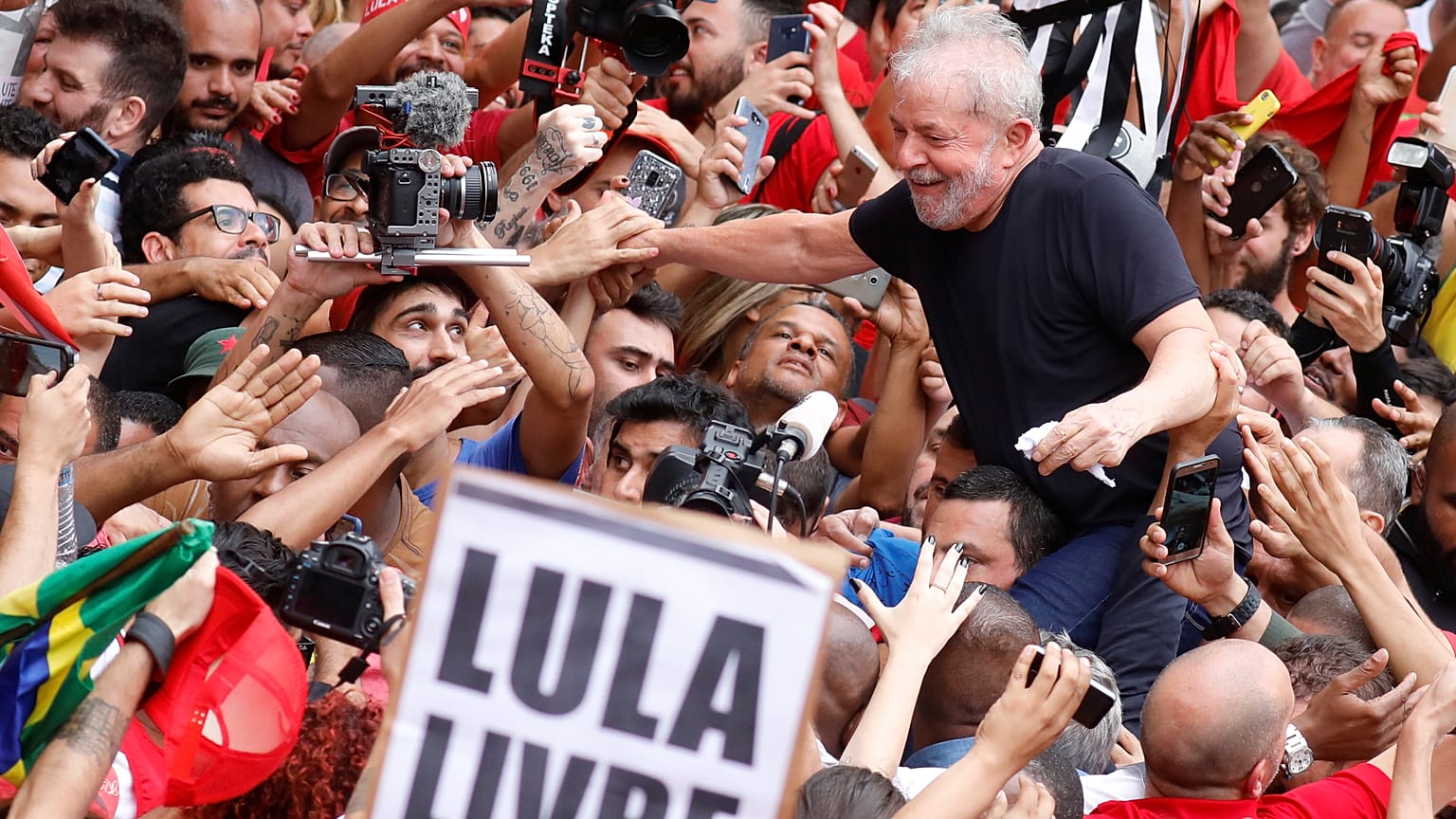 Former Brazilian President Luiz Inacio Lula da Silva greets his supporters after being released from prison, in Sao Bernardo do Campo, Brazil November 9, 2019. 