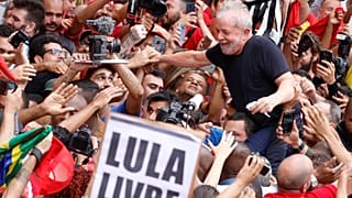 Former Brazilian President Luiz Inacio Lula da Silva greets his supporters after being released from prison, in Sao Bernardo do Campo, Brazil November 9, 2019.