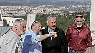 Israeli Prime Minister Benjamin Netanyahu meets heads of regional councils in Jewish settlements at the Alon Shvut settlement, in the Gush Etzion block