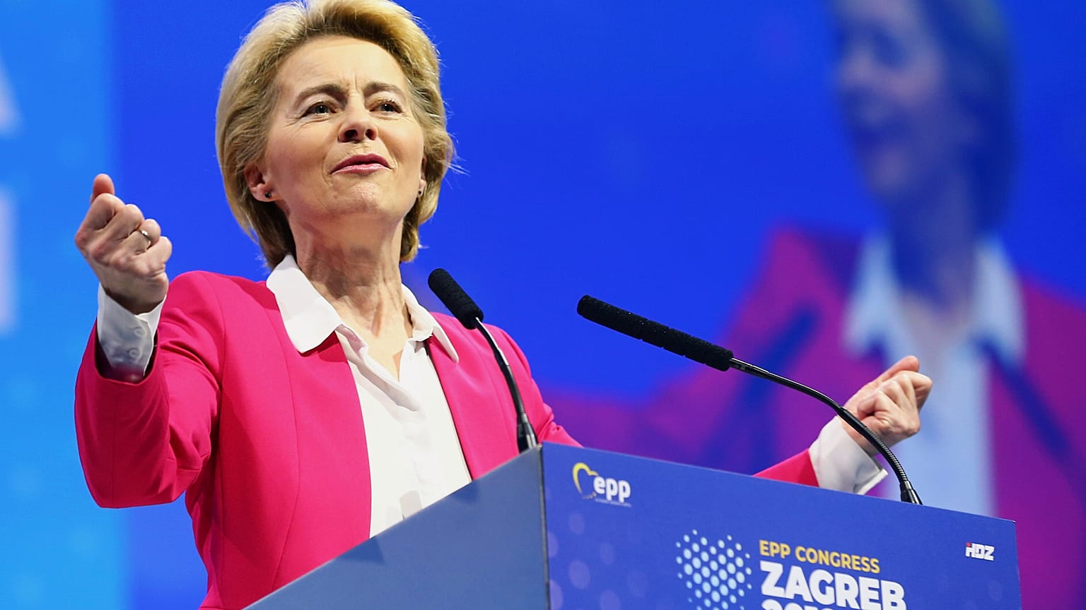 EU Commission President Ursula von der Leyen speaks during the EPP congress in Arena Zagreb hall in Zagreb, Croatia November 20, 2019. 