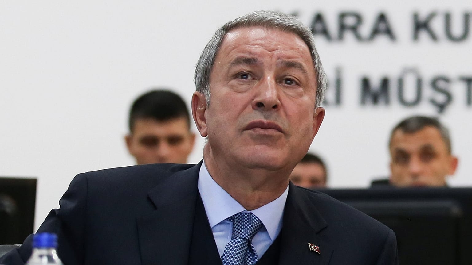 Turkish Defence Minister Hulusi Akar attends a briefing at the Land Forces' Forward Joint Operation Command Center in Sanlıurfa
