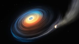 This illustration shows the white dwarf WDJ0914+1914 and its Neptune-like exoplanet.