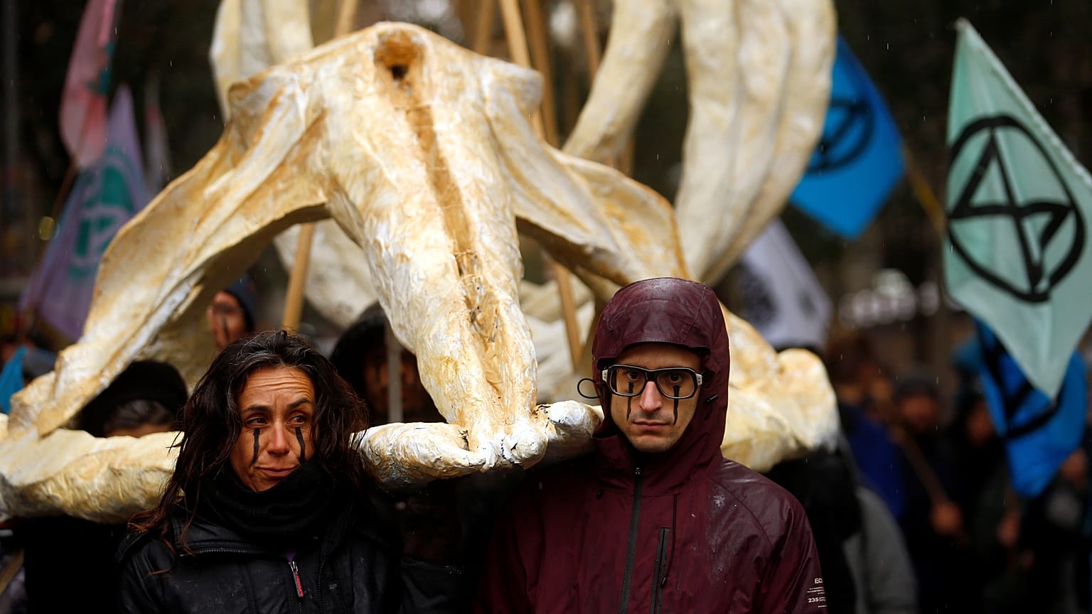 Manifestantes cargan el esqueleto de una ballena durante la manifestación en Madrid