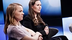 Finland's Members of Parliament, Katri Kulmuni (L) and Sanna Marin participate in the A-studio talk show in Helsinki, Finland December 3, 2019.