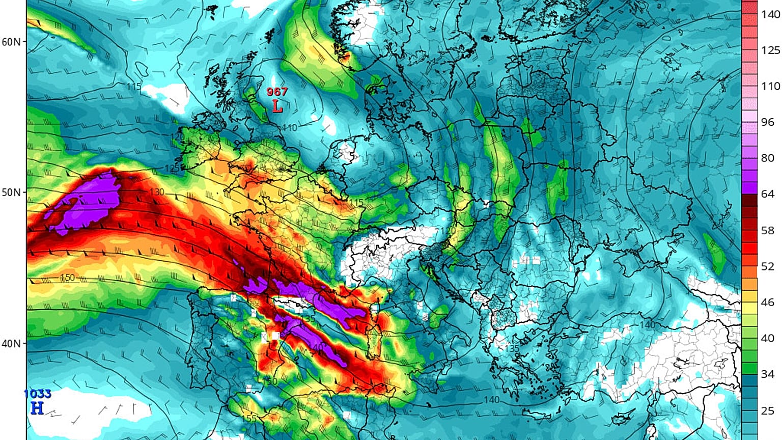 Previsión de presión y viento en altitud (1.500 m) para el viernes 13. 