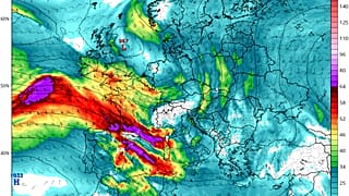 Previsión de presión y viento en altitud (1.500 m) para el viernes 13. 