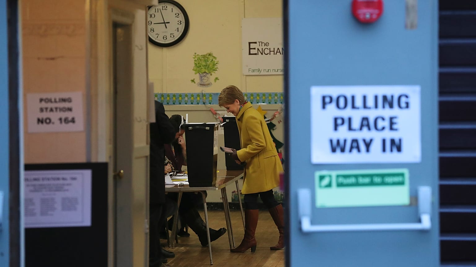 Scottish First Minister Nicola Sturgeon arrives to vote in the general election in Glasgow, Scotland, Thursday, Dec. 12, 2019.  