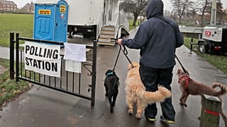 A voter with his dogs arrives at a polling station in Twickenham, London, Thursday, Dec. 12, 2019.