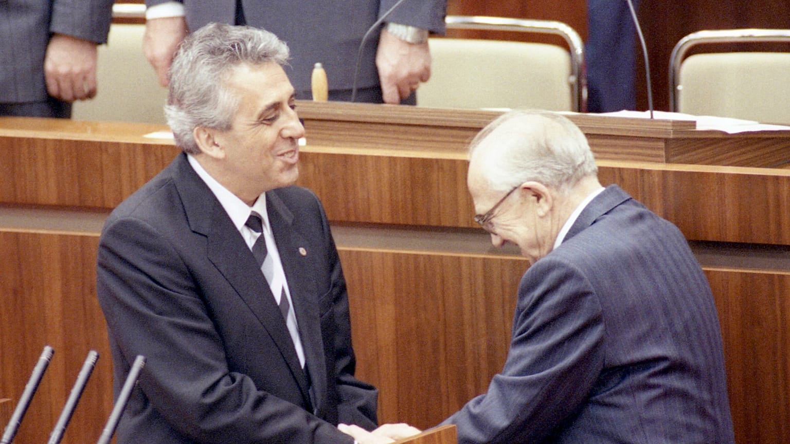 Newly elected Egon Krenz shown with President of the People's Chamber, Horst Sindermann on Oct. 24, 1989. (AP Photo/Rainer Klostermeier)