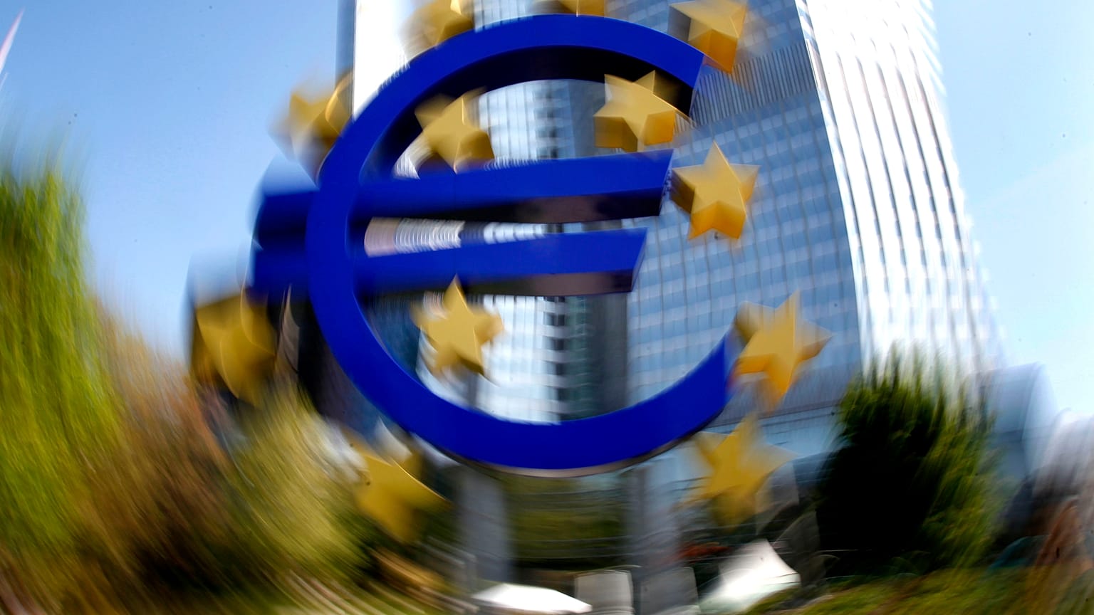 The Euro sculpture in front of the European Central Bank is seen in Frankfurt, central Germany, Wednesday, April 28, 2010. (AP Photo/Michael Probst)