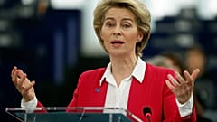 European Commission President Ursula von der Leyen right, speaks during the Commemoration of the 10th anniversary of the Lisbon Treaty .