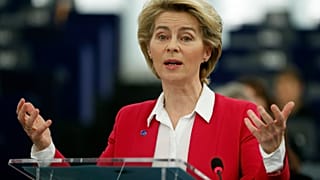 European Commission President Ursula von der Leyen right, speaks during the Commemoration of the 10th anniversary of the Lisbon Treaty .