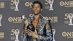 Chadwick Boseman, a cast member in Black Panther, poses at the premiere of the film in Los Angeles.