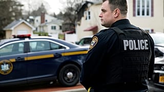 A Ramapo police officer directs traffic outside of a rabbi's residence in Monsey, N.Y.