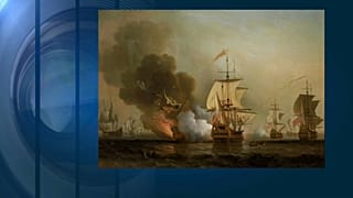 Cuadro del hundimiento del galeón San José en la batalla de Barú, obra del pintor Samuel Scott (1702-1772)