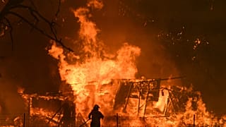 Un pompier face à une maison en feu en Australie ; Celeste Barber récolte plus de 20 millions d'euros pour aider les pompiers 
