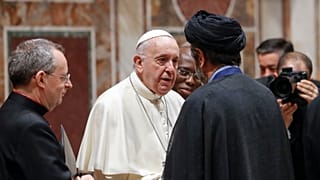Pope Francis greets Iran's ambassador to the Holy See, Seyed Taha Hashemi Thursday, Jan. 9, 2020