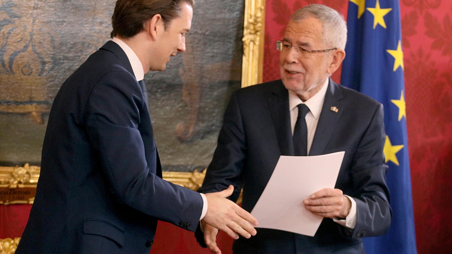 Austrian President Alexander Van Der Bellen, right, with new Chancellor Sebastian Kurz in Vienna, Austria, Jan. 7, 2020