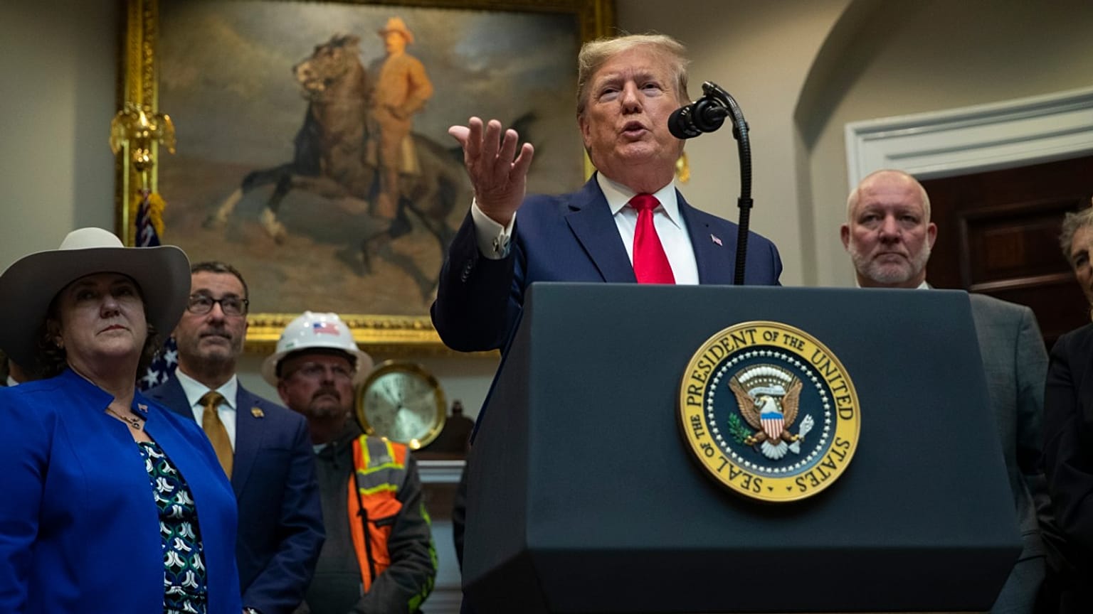 President Donald Trump delivers remarks on proposed changes to the National Environmental Policy Act, at the White House, Thursday, Jan. 9, 2020, in Washington.