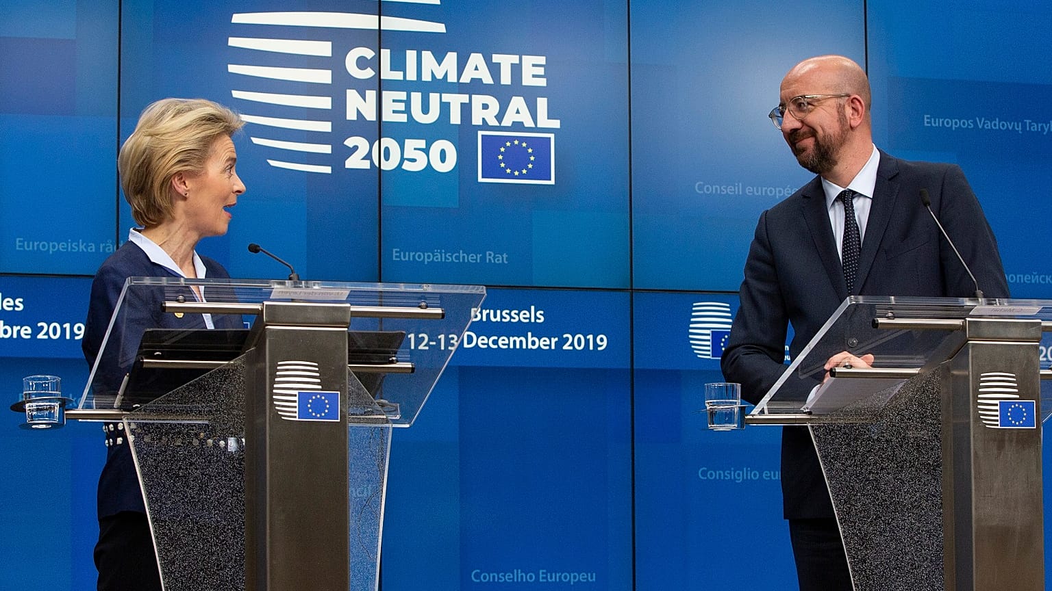 European Council President Ursula von der Leyen and European Council President Charles Michel participate in a media conference during an EU summit in Brussels