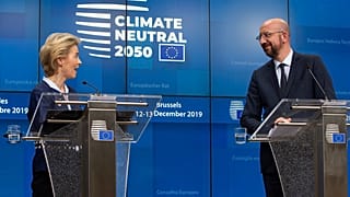 European Council President Ursula von der Leyen and European Council President Charles Michel participate in a media conference during an EU summit in Brussels