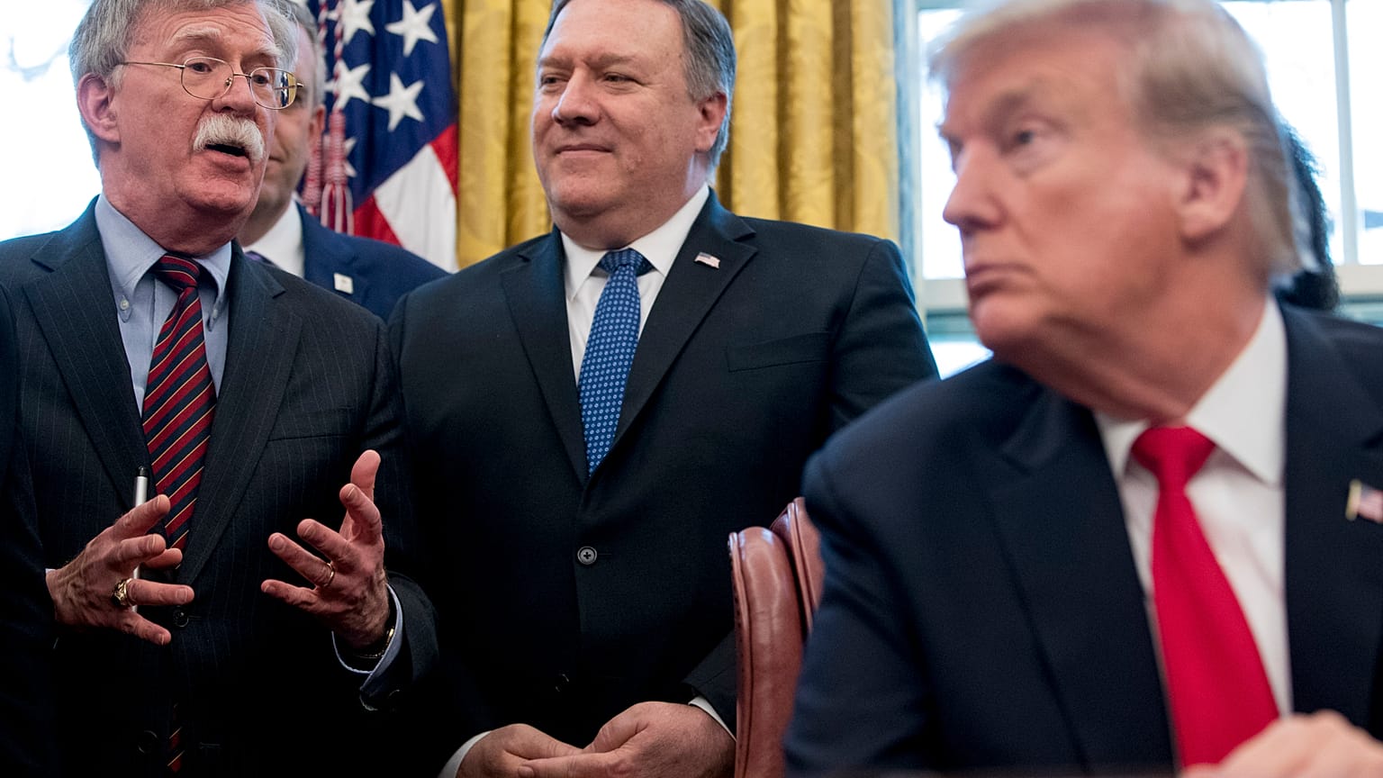John Bolton, accompanied by Secretary of State Mike Pompeo, and President Donald Trump
