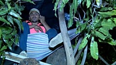 Richard descansa en su hamaca, colgada de las ramas de un mango