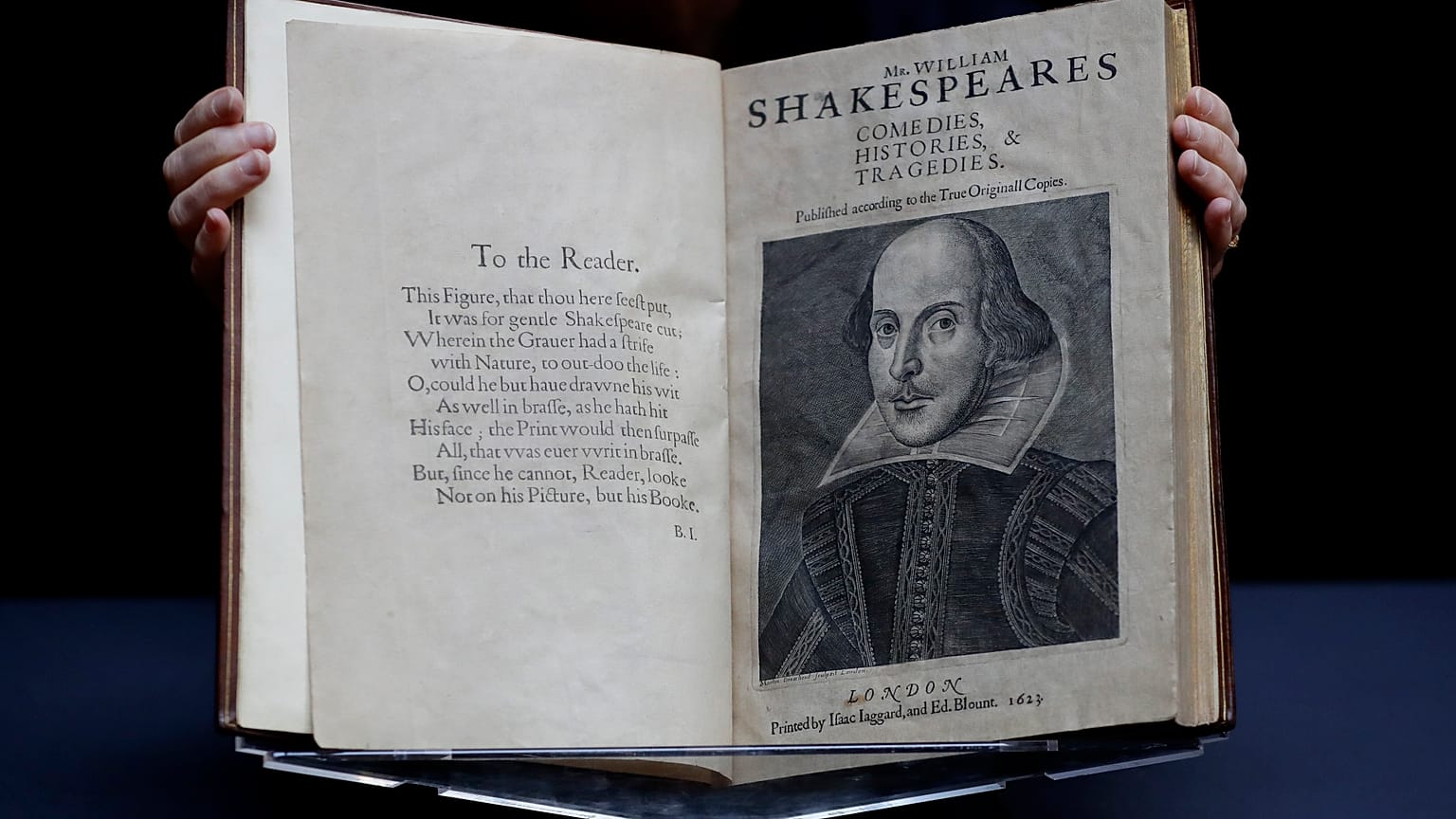 William Shakespeare's First Folio is displayed at Christie's auction rooms in London, Monday, Jan. 13, 2020. 