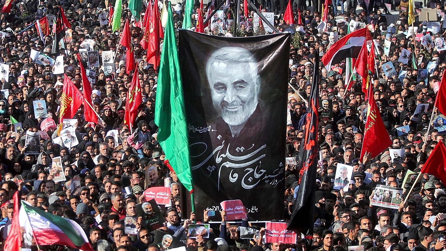 Mourners attend a funeral ceremony for Gen. Qassem Soleimani and his comrades, who were killed in Iraq in a U.S. drone strike on Friday, in the city of Kerman, Iran