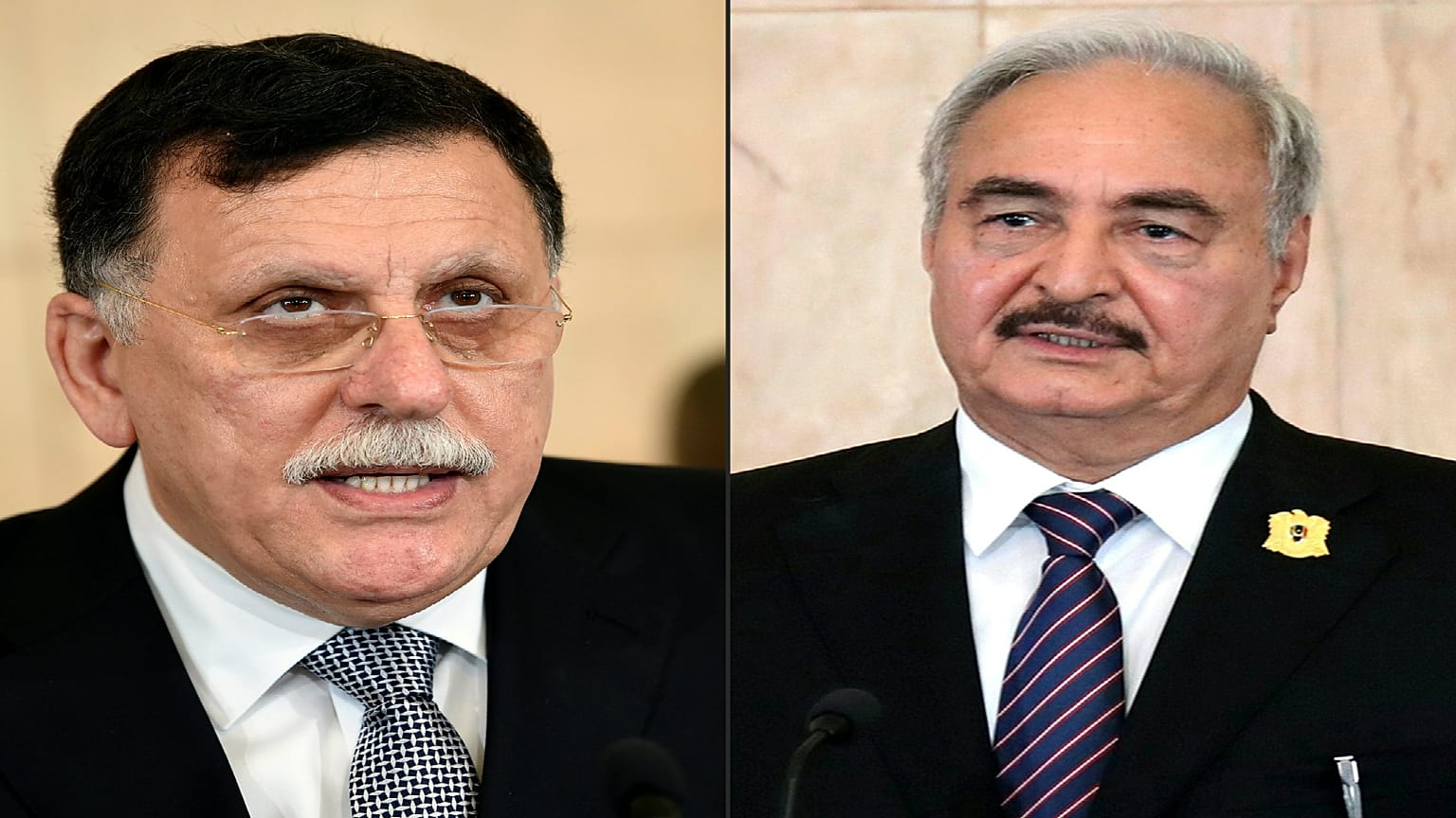 المشير خليفة حفتر ورئيس حكومة الوفاق الليبية فايز السراج