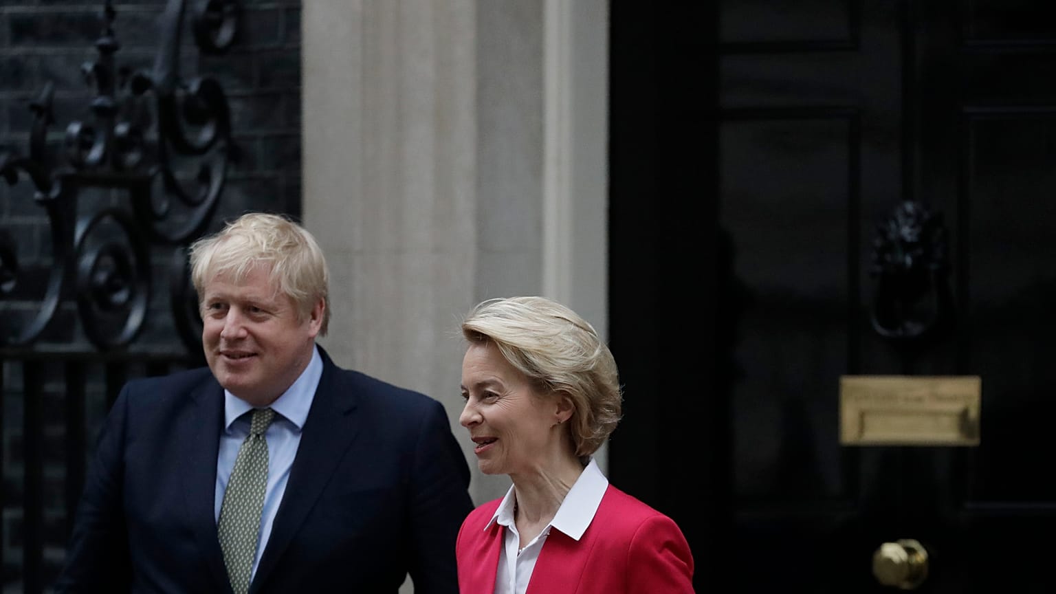Britain's Prime Minister Boris Johnson greets European Commission President Ursula von der Leyen outside 10 Downing Street in London, Wednesday, Jan. 8, 2020.