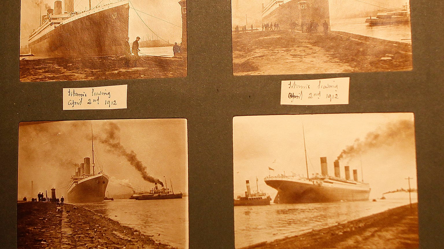 Photos of the Titanic from a family album displayed at the Transport museum in Belfast, Northern Ireland, UK, October 2014.