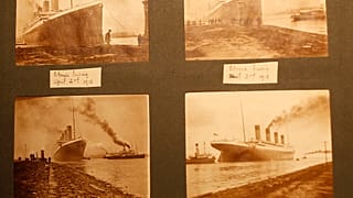 Photos of the Titanic from a family album displayed at the Transport museum in Belfast, Northern Ireland, UK, October 2014.