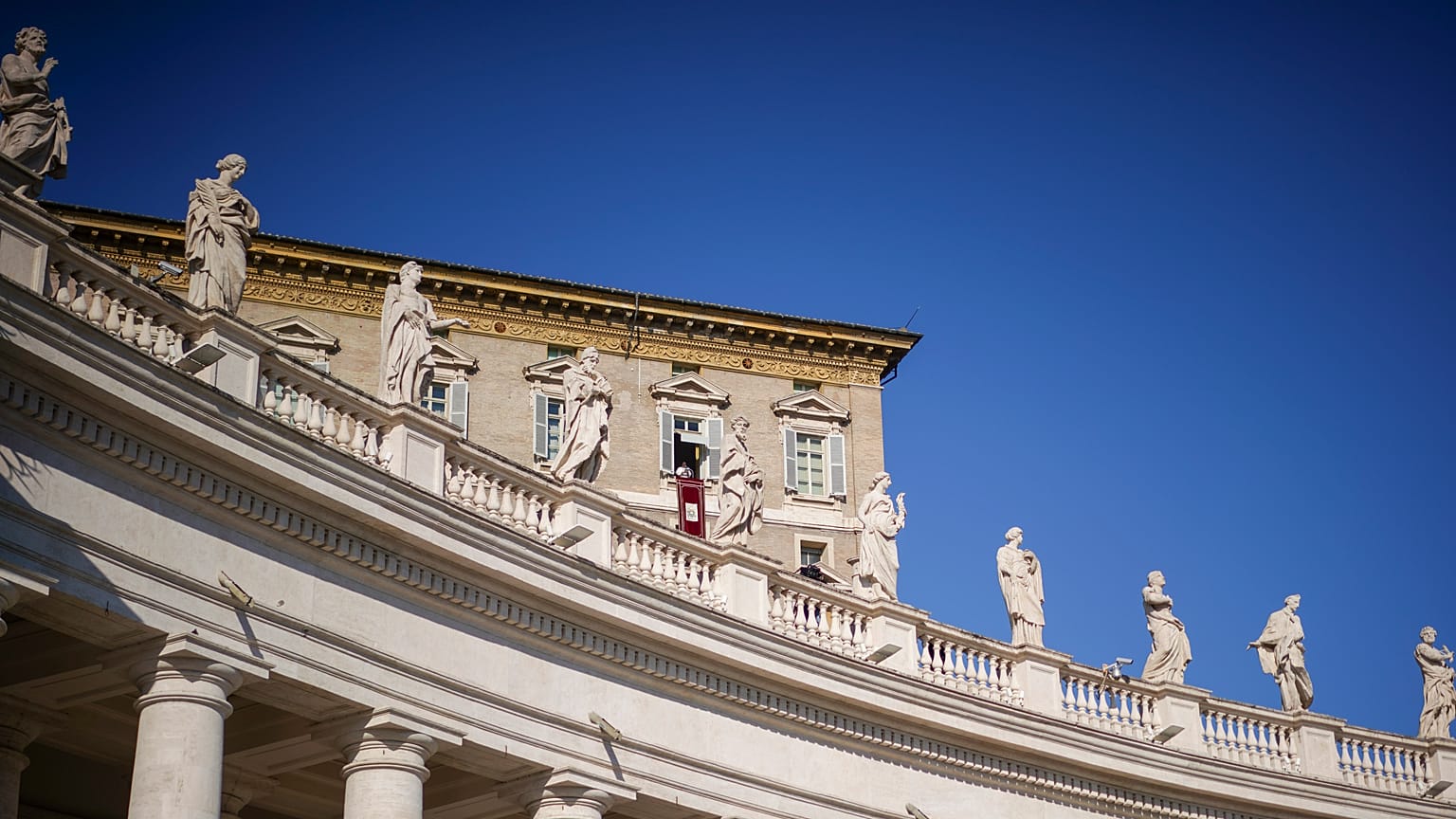 Pope Francis delivers his blessing as he recites the Angelus noon prayer from the window of his studio overlooking St.Peter’s Square, at the Vatican,  Sunday, Jan. 12, 2020. 