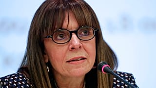 Katerina Sakellaropoulou speaks as the head of the Council of State head in Athens in 2018.