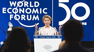 President of the European Commission Ursula von der Leyen, delivers a welcoming address, prior to the start of the World Economic Forum, in Davos, Switzerland