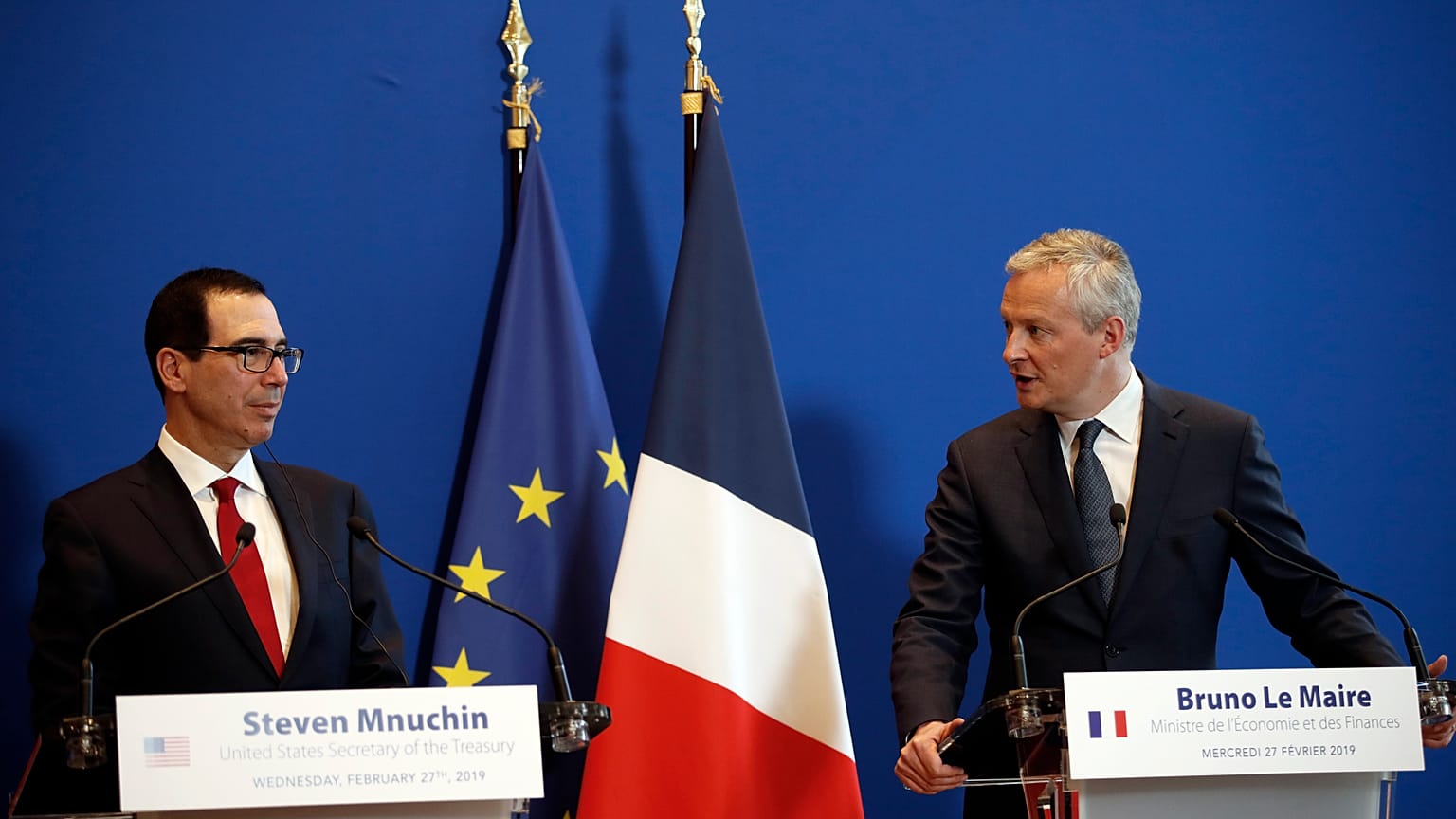 France's Economy Minister Bruno Le Maire, right, and U.S. Treasury Secretary Steven Mnuchin on Wednesday, Feb. 27, 2019.