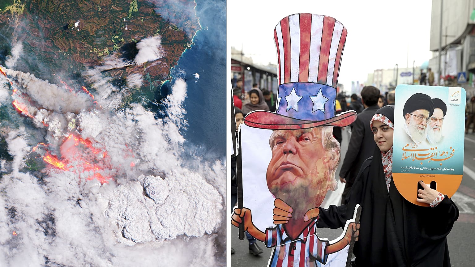 Incendios en Australia vistos por satélite Sentinel 2/ Manifestación en el aniversario de la Revolución iraní