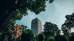 Highrise building with trees surrounding it